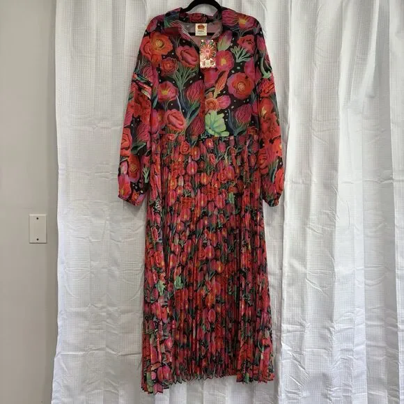 Farm Rio Dress Womens Size Large Anthropologie Pleated Drop-Waist Maxi Red NWT - Picture 3 of 10